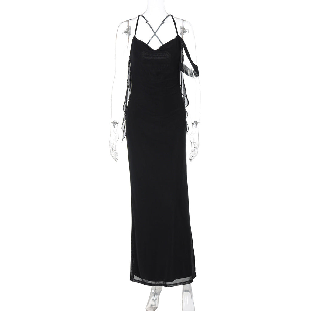 Women Clothing Summer French Sexy Low Cut Solid Color Sling Backless Dress