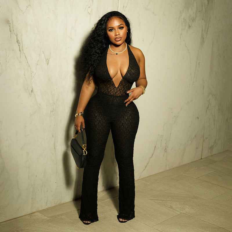 See Through Lace Up Backless Jumpsuit