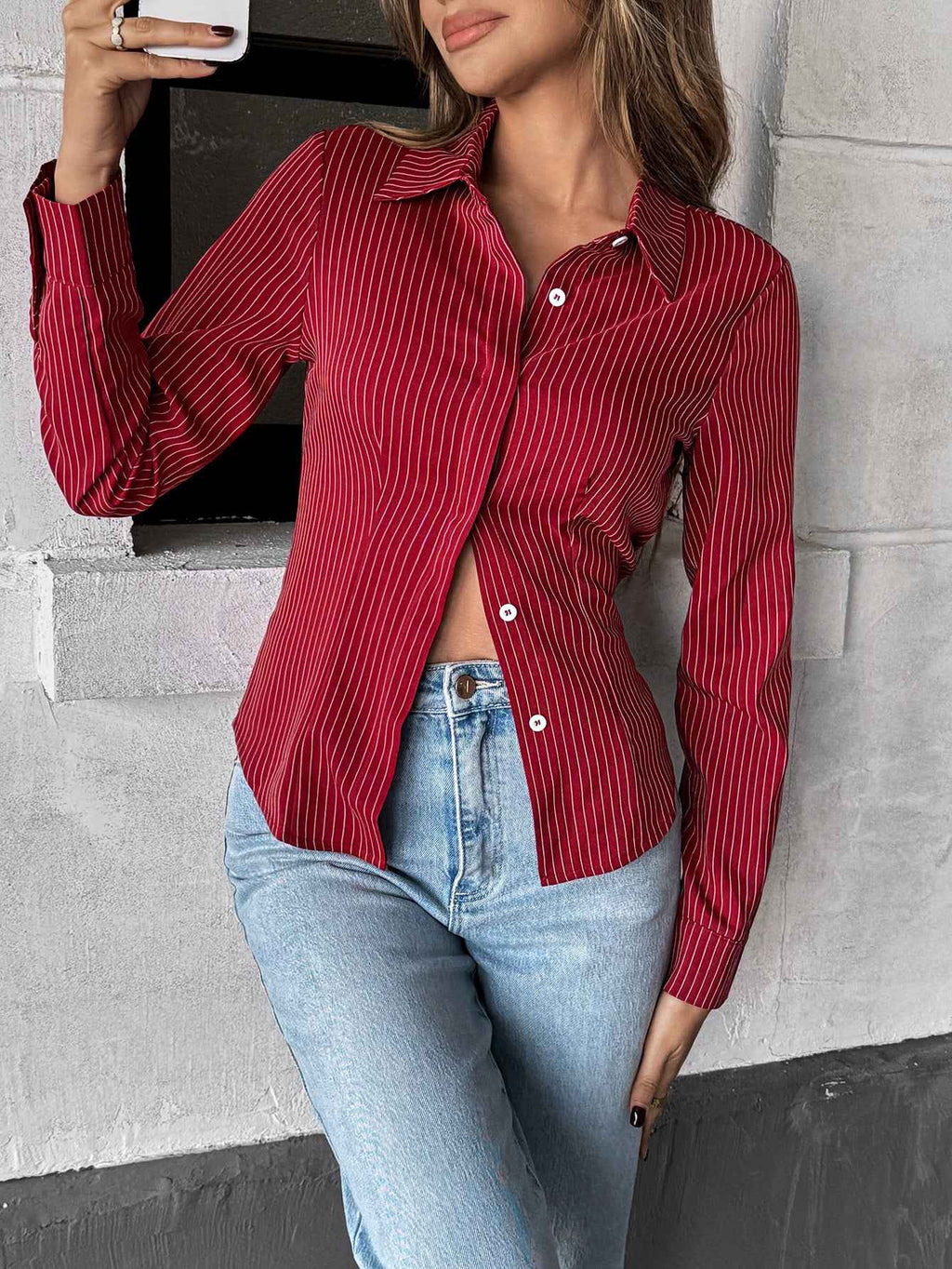 Casual Polo Collar Striped Blouse