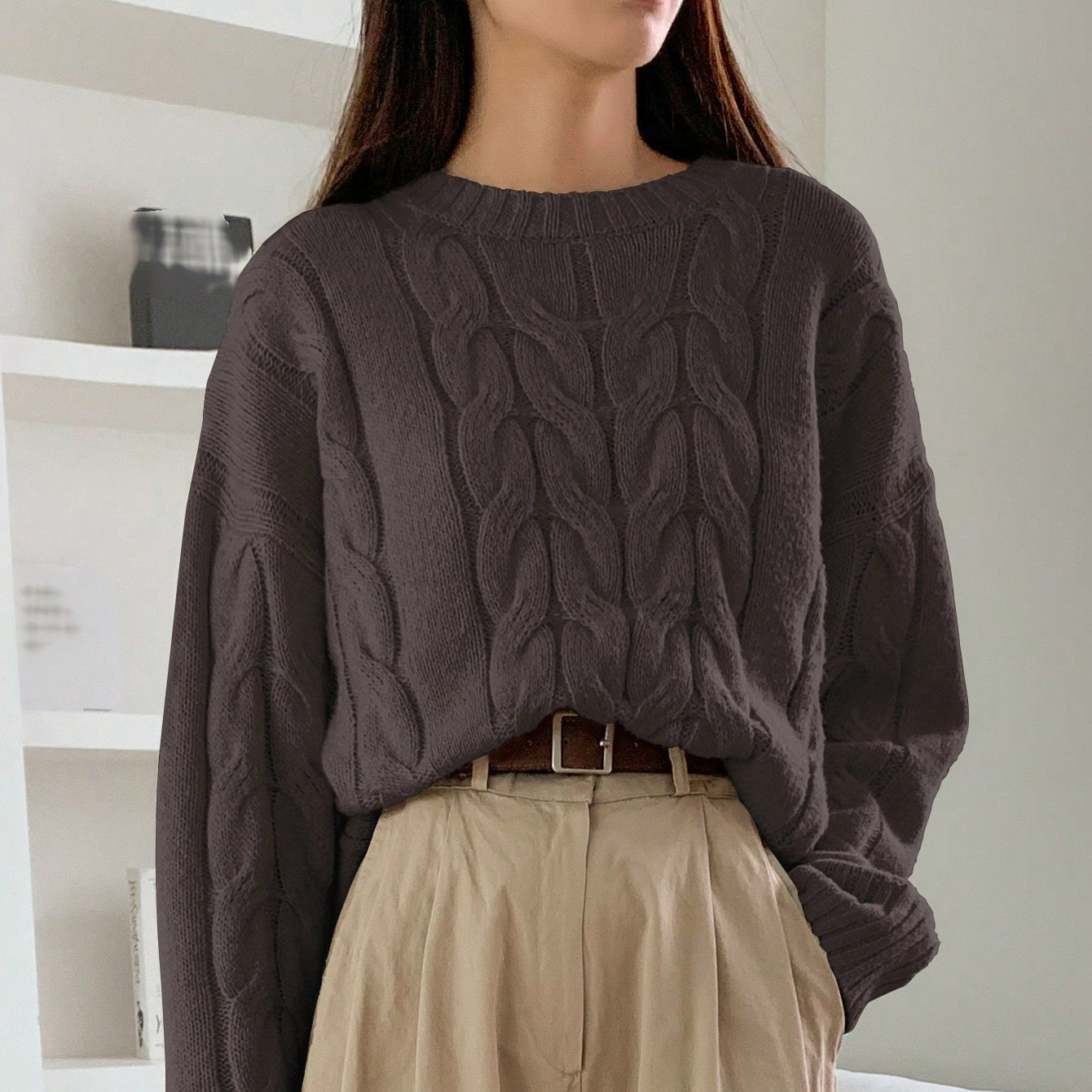 Autumn Winter Women Cable Knit Pullover Sweater Loose round Neck Solid Color All Matching Trendy Knitwear Top