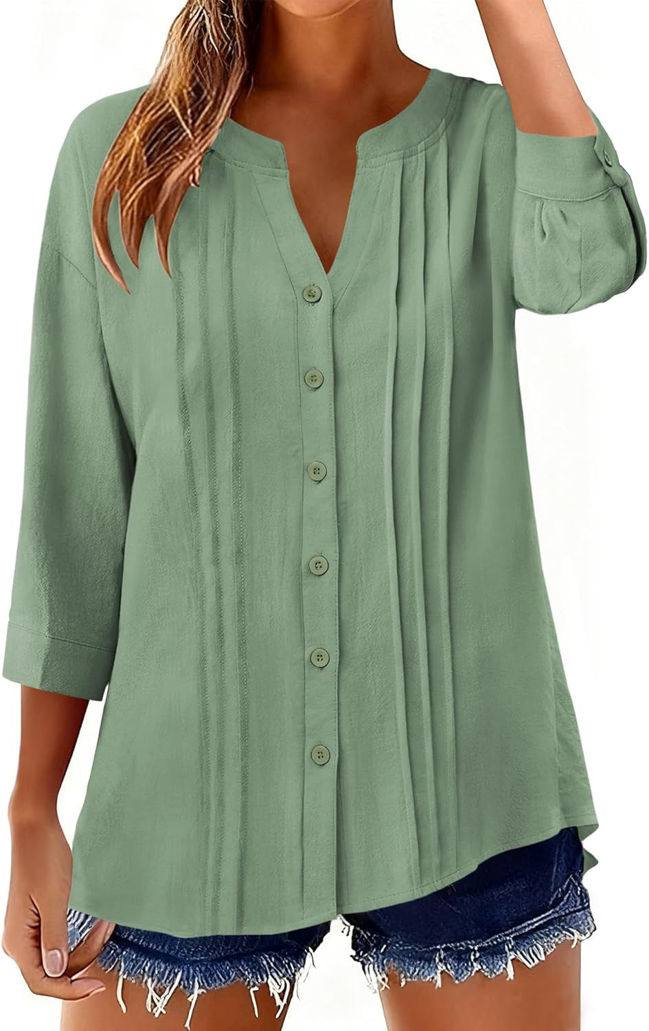 Half Open Collar Single Breasted Pleated Cropped Sleeve Blouse