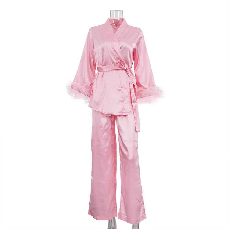 Design Stitching Feather Long Sleeve Lace up Cardigan Sleepwear Set