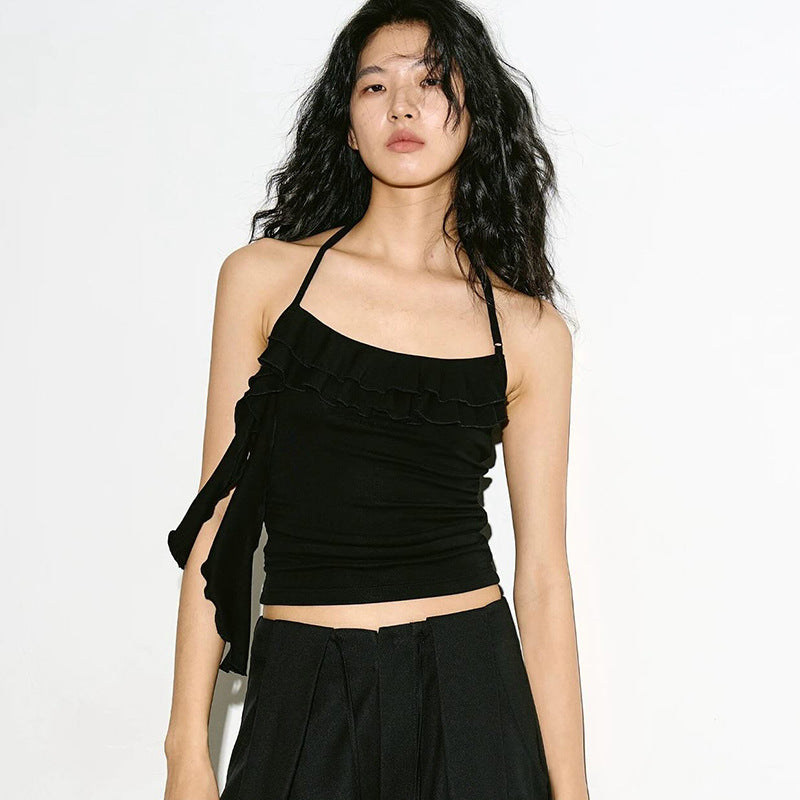 Spring Solid Color Ruffles Tank T-shirt