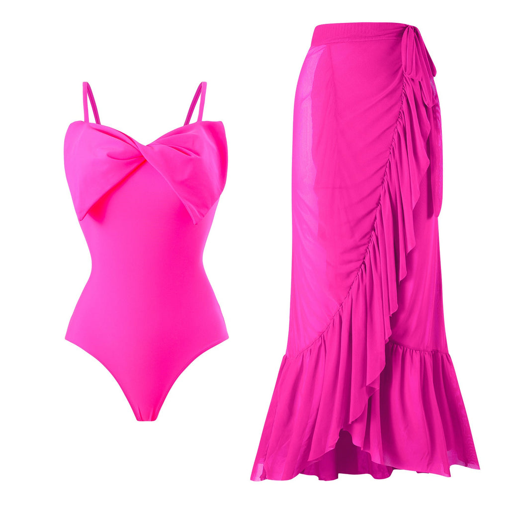 Sexy Swimsuit Women Spring One Shoulder Swimsuit Chiffon Split Beach Skirt Set