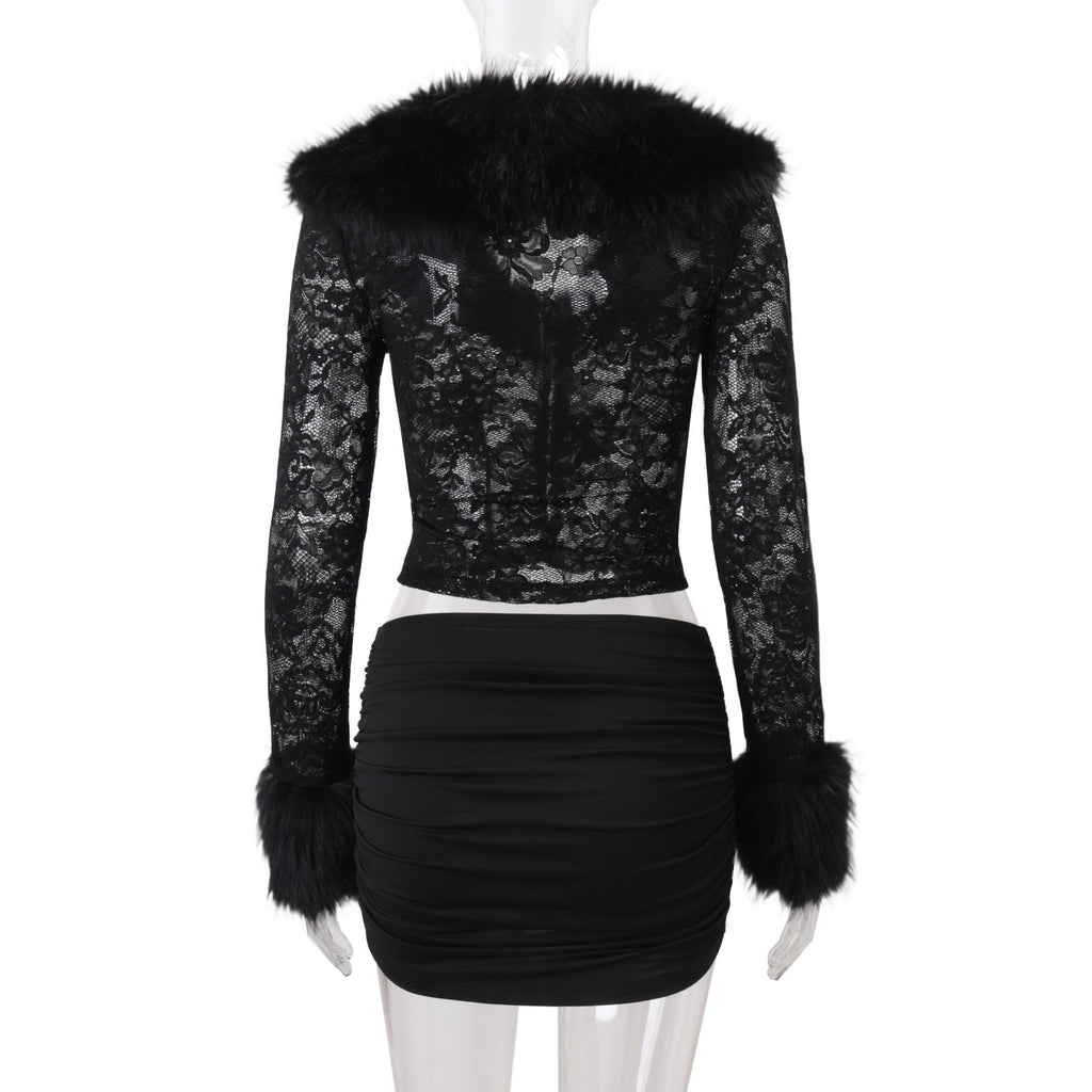 Lace Plush Long Sleeved Skirt Set