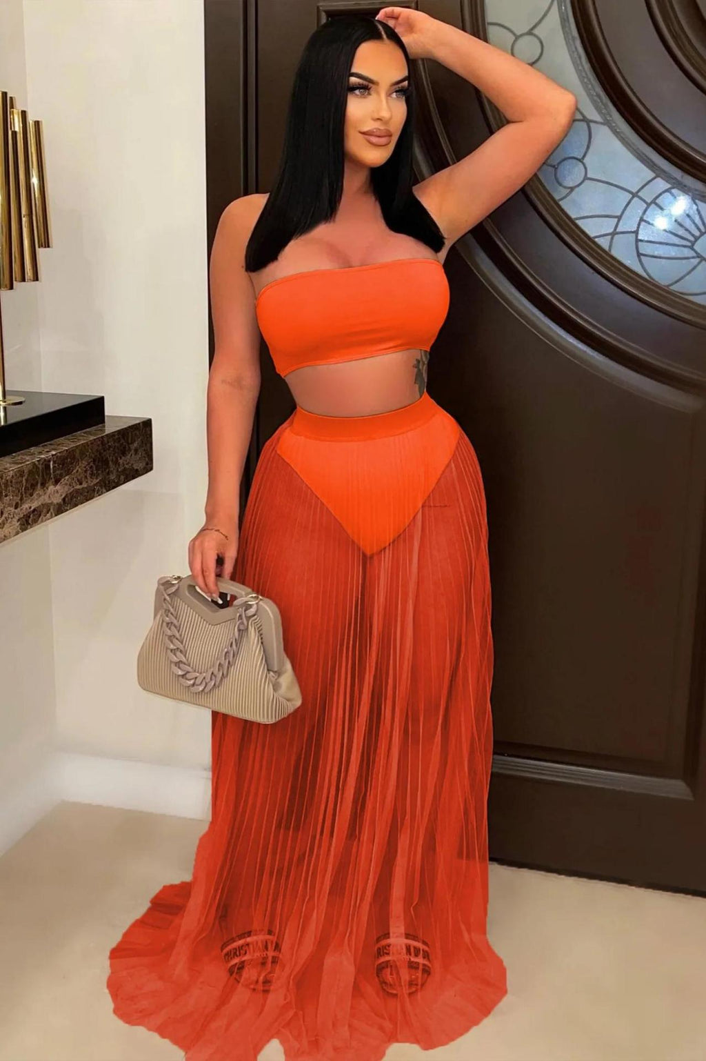 Mesh Pleated Swimsuit Fabric Three Piece Set