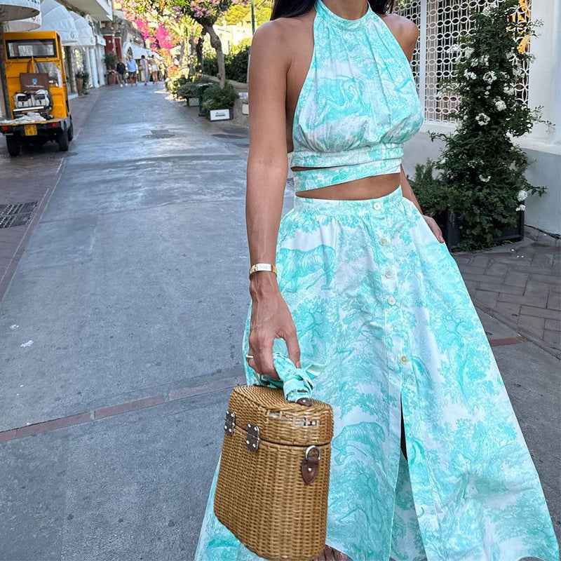 Women's Vacation Printed Tube Top Skirt Set Two Piece Set