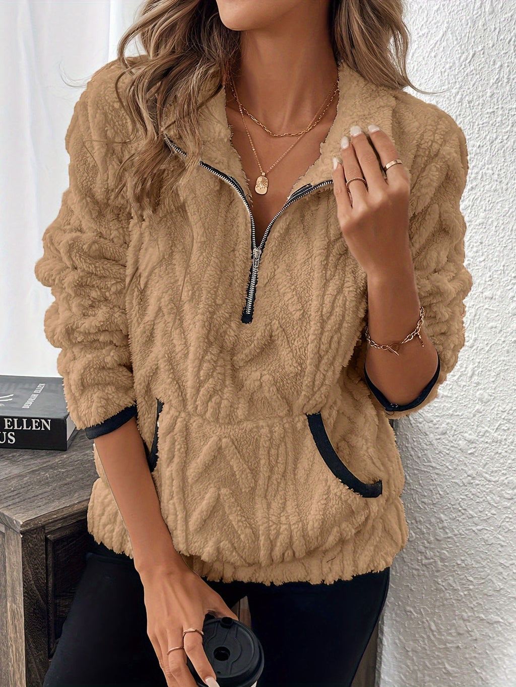 Autumn Winter Collared Classic Jacquard Half Zipper Plush Pocket Short Sweater