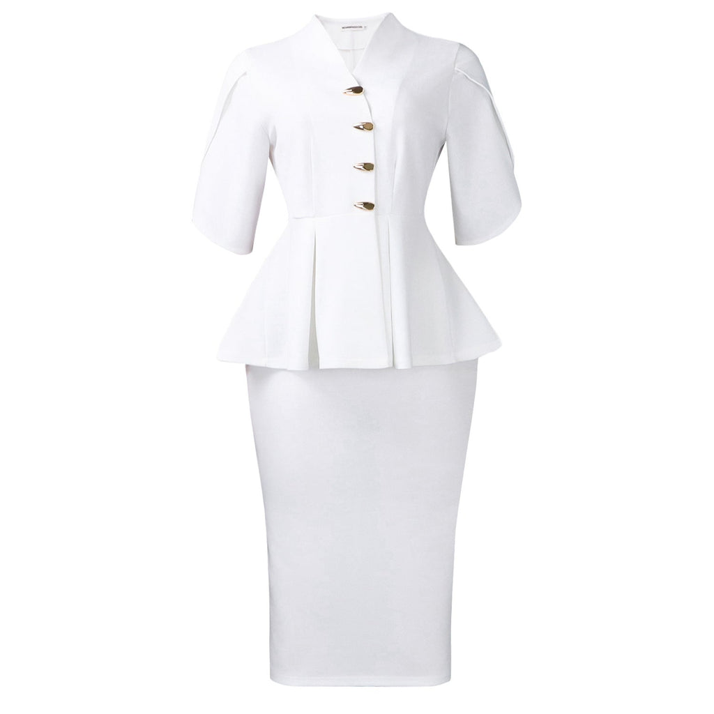 Women Clothing Short Sleeve Elegant Ruffled Hip Split Solid Color Set