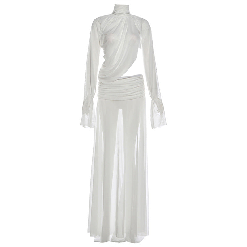 See through Turtle Bell Sleeve Split Skirt Set