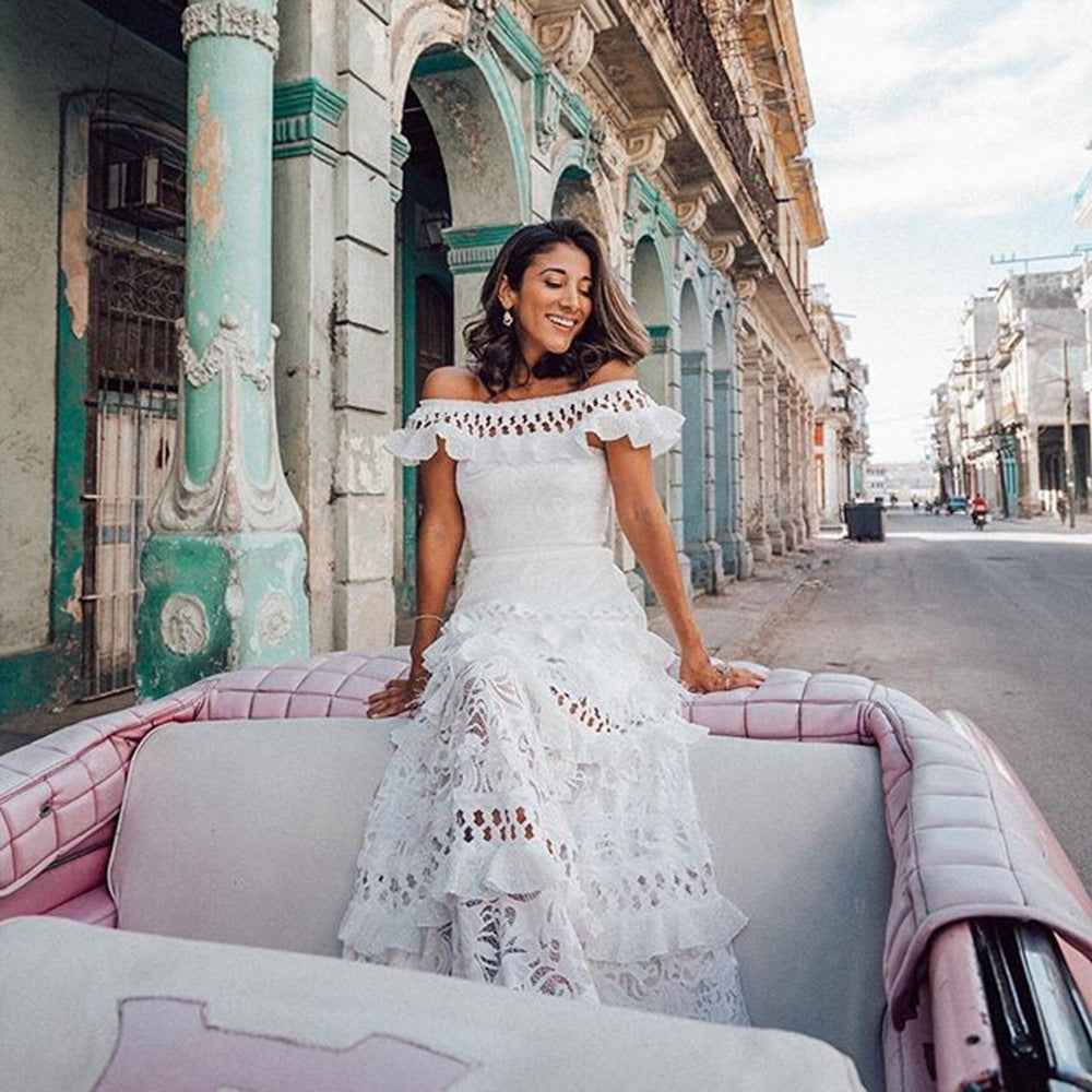 Ruffled Hollow Out Cutout Wide Hem Lace Long Dress
