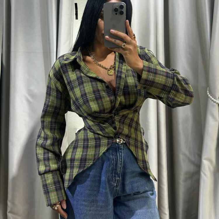 Retro Plaid Collared Long Sleeve Irregular Asymmetric Hem Cinched Blouse