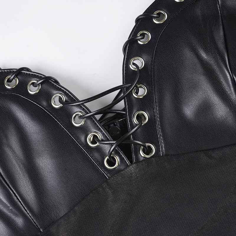 Mesh Leather Slim Fit Patchwork Wrapped Dress