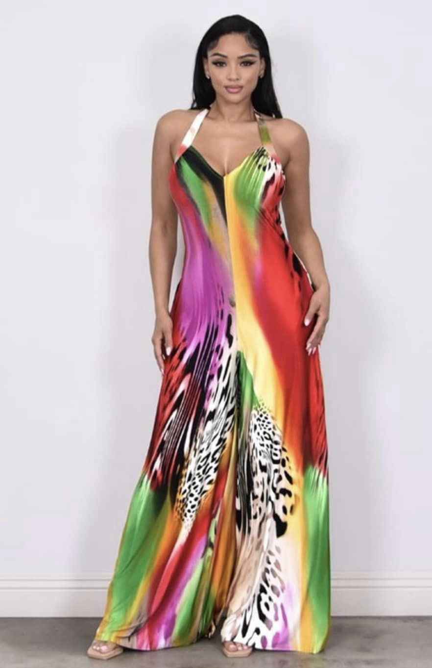 Printed Halter Strap Backless Slim Fit Jumpsuit