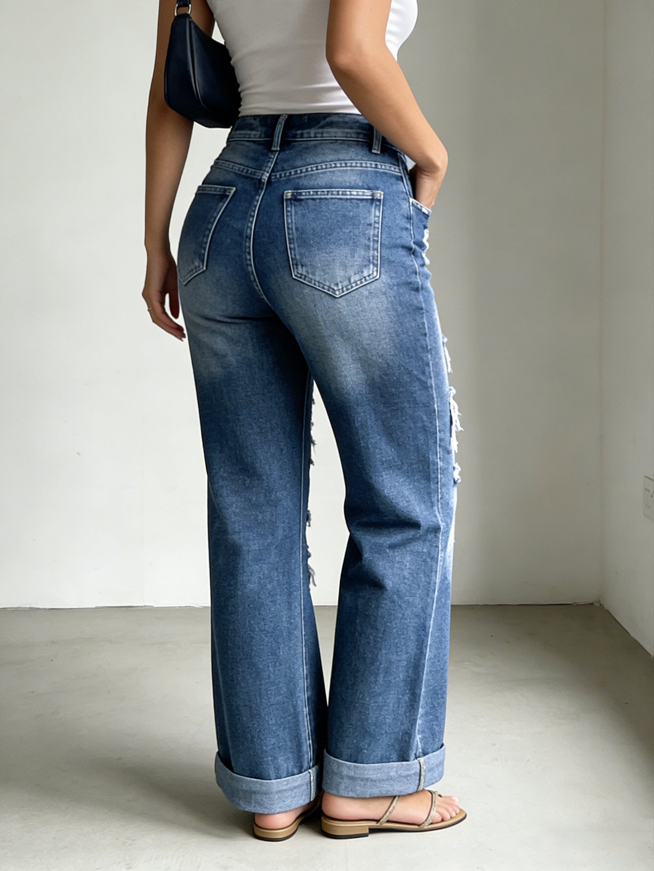 High Waist Jeans Leopard Patch Ripped Retro