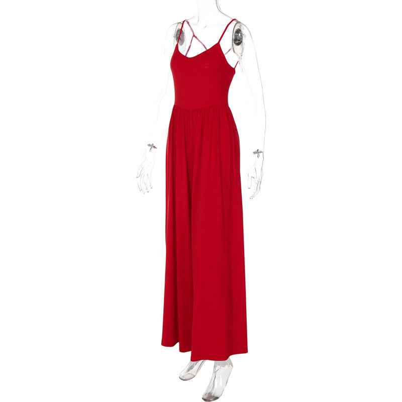 Women Summer Sexy Backless Spaghetti Straps Loose Jumpsuit