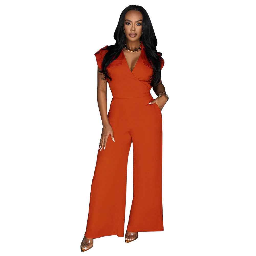 Women Solid Color Sleeveless V neck Wide Leg Jumpsuit