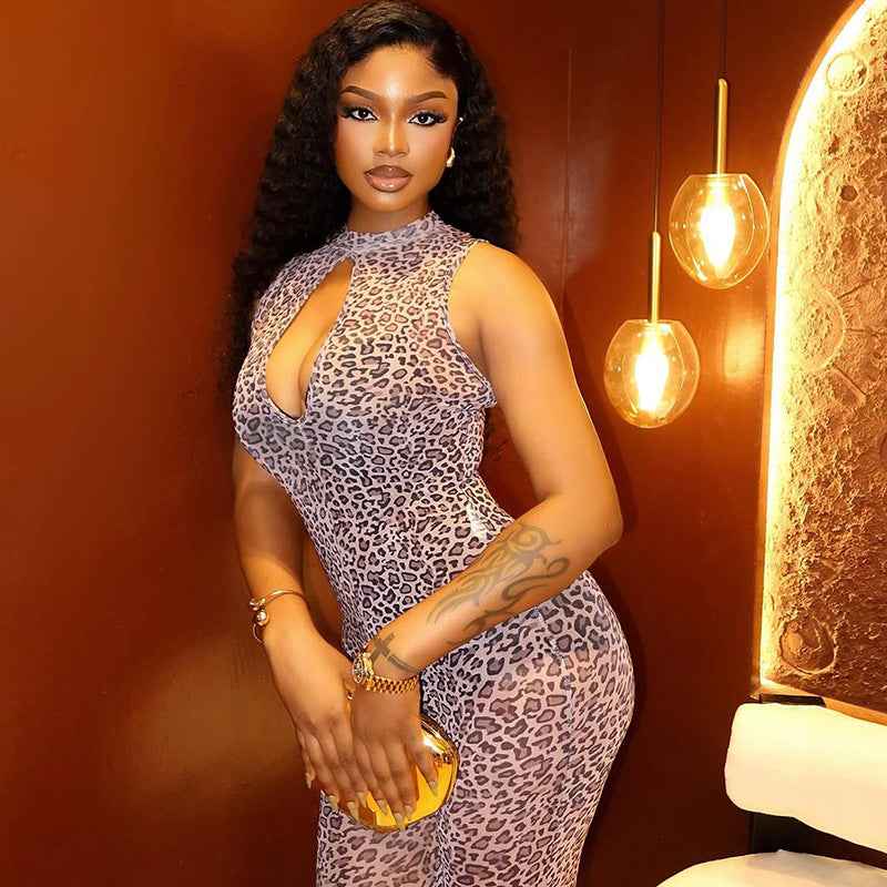 Leopard Print Jumpsuit Hollow Sheath