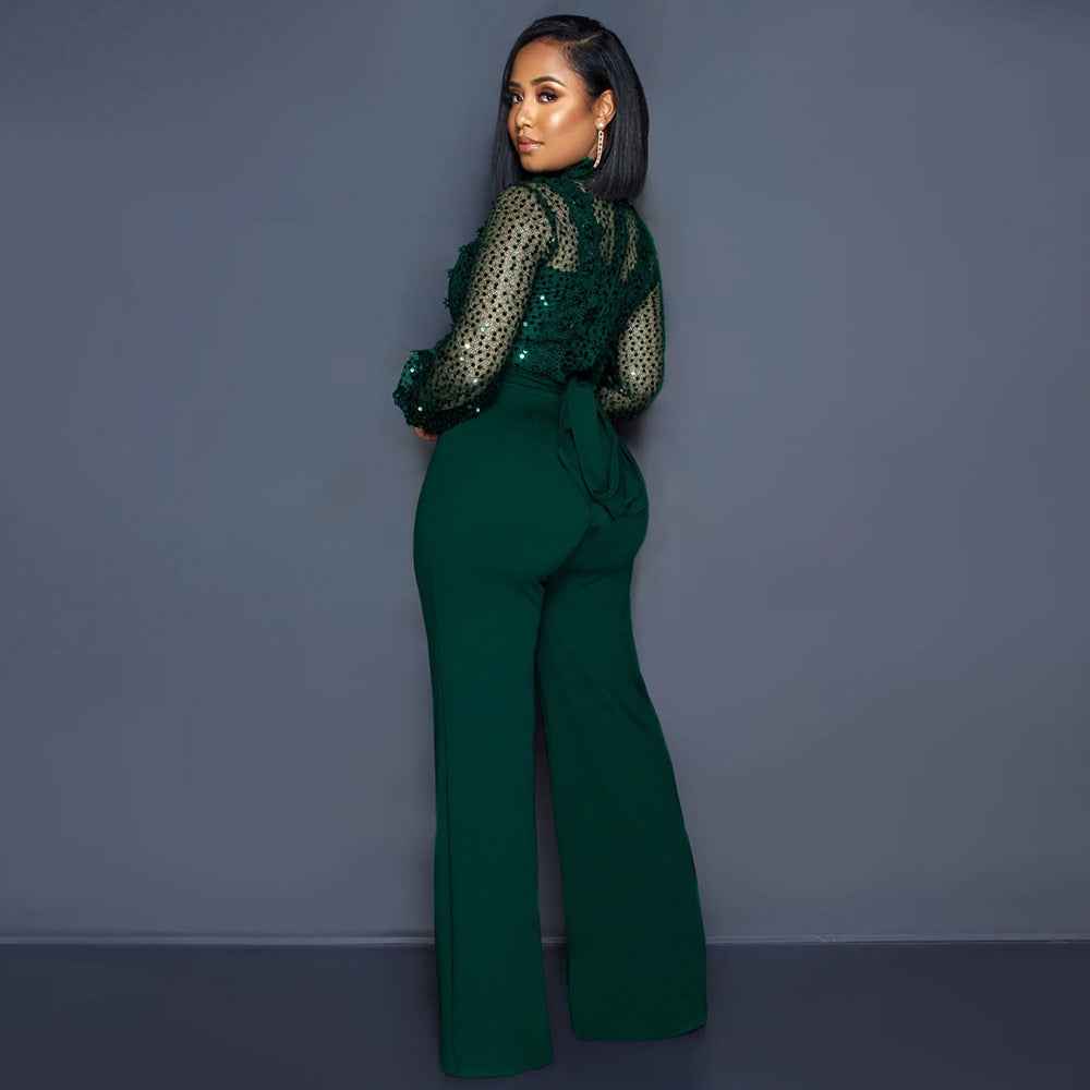 Party Turtleneck Sequin Lace Sheer Long Sleeve Top Loose Jumpsuit Women
