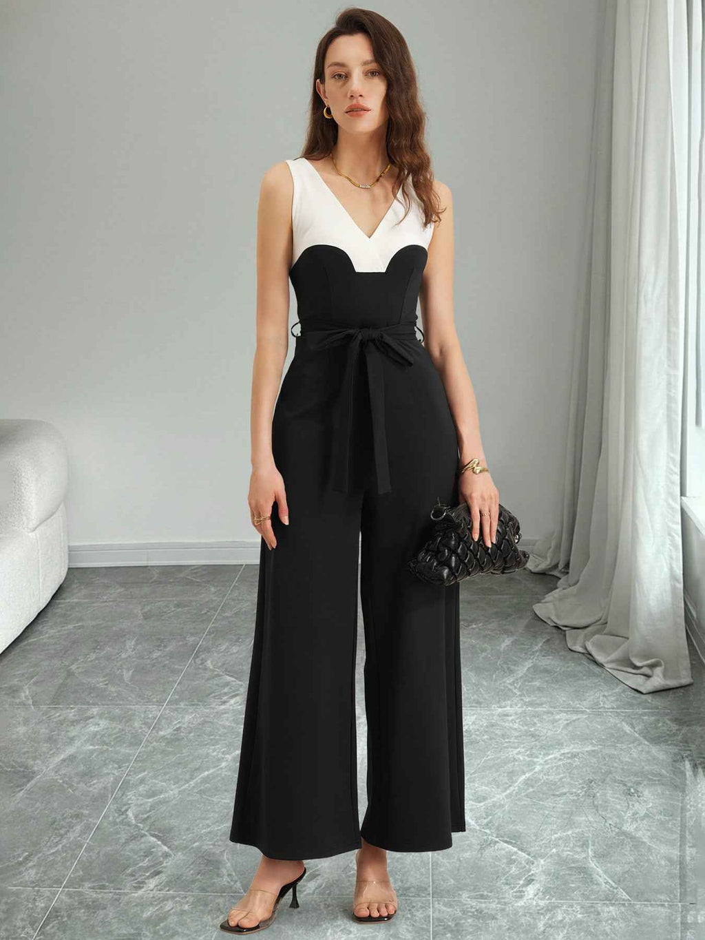 Elegant Black White Color Contrast Patchwork Sling Jumpsuit
