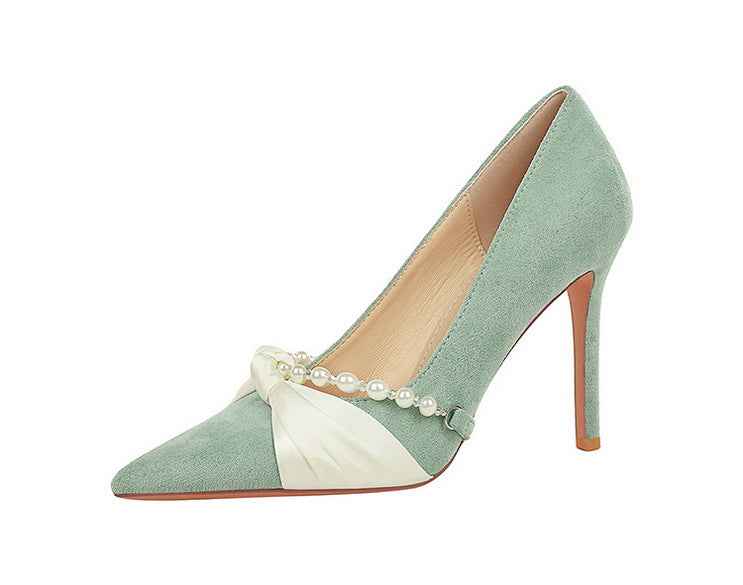 French Elegant Socialite Pearl Bow Pointed Low Cut Suede Stiletto Heel Pumps for Women