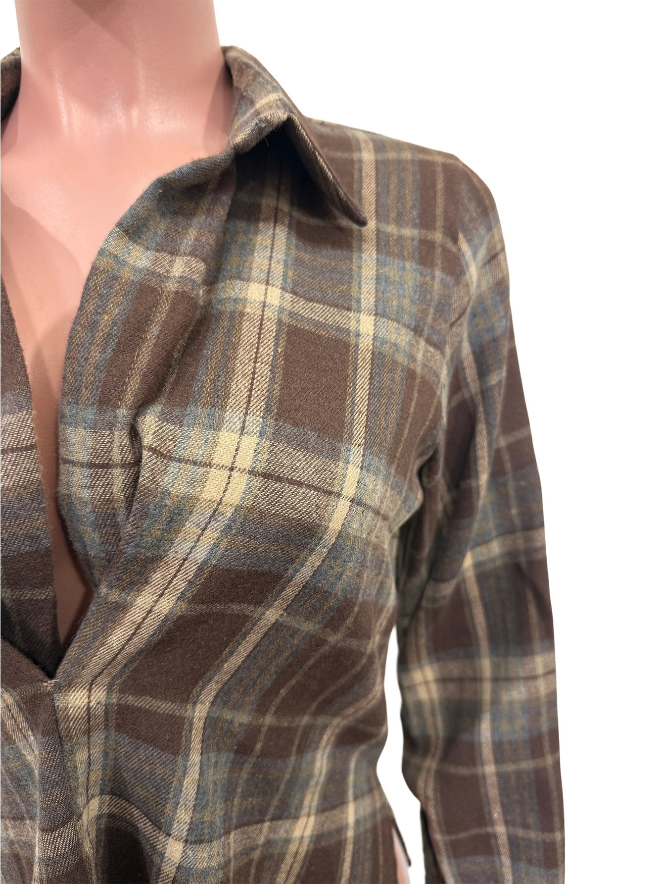 Plaid Long Sleeved Collared Blouse