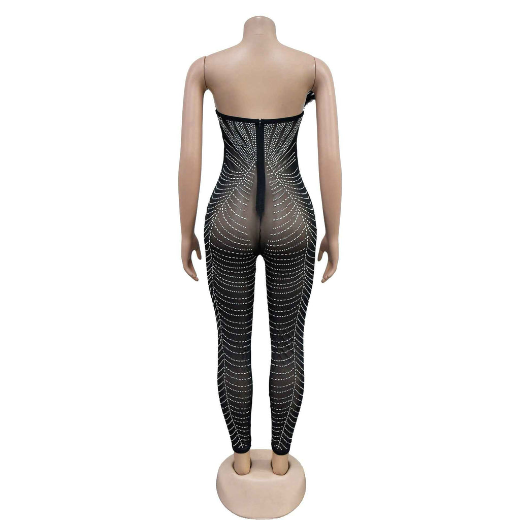 Solid Color Sexy Mesh Rhinestone Jumpsuit