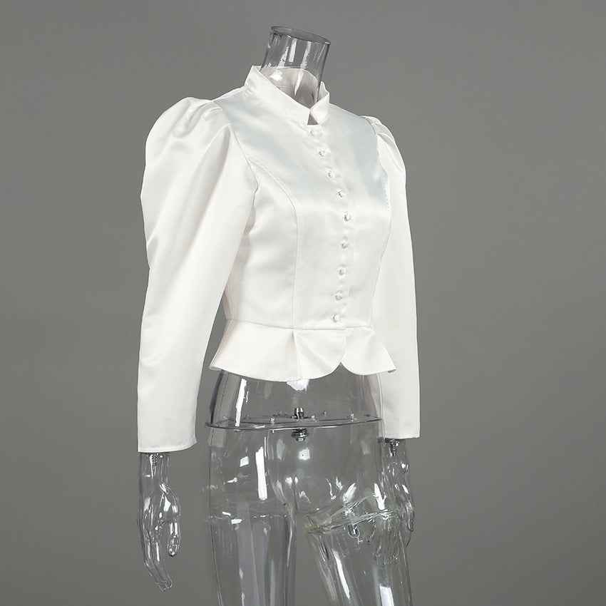 Spring Arrival French Stand Collar Puff Sleeve Blouse