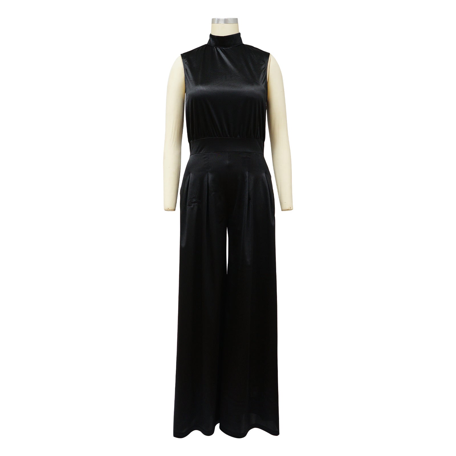 Solid Color Turtleneck Sleeveless Fitted Waist Jumpsuit No Belt