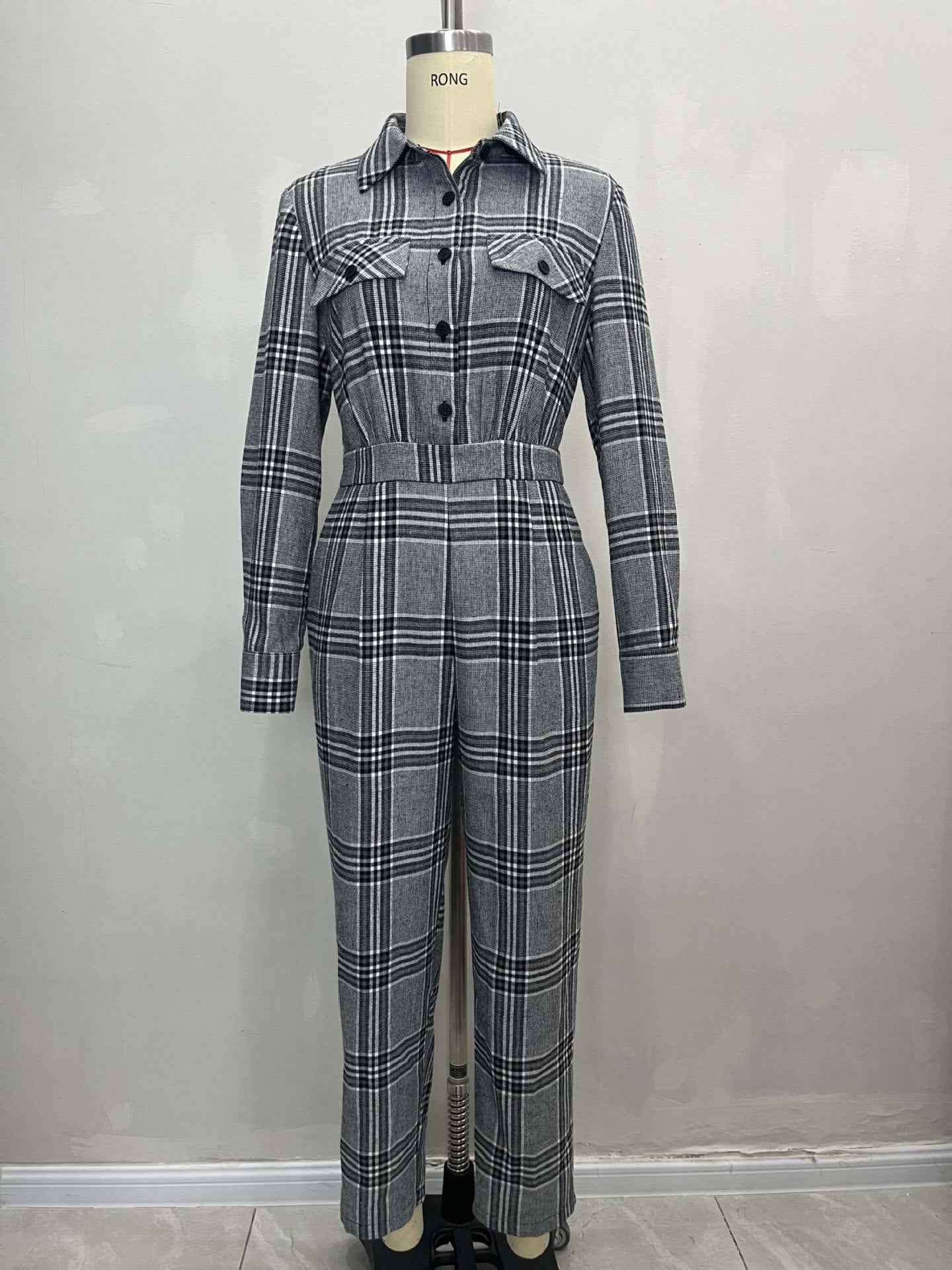 Collared Button Retro Plaid High Waist w Pocket Jumpsuit for Women