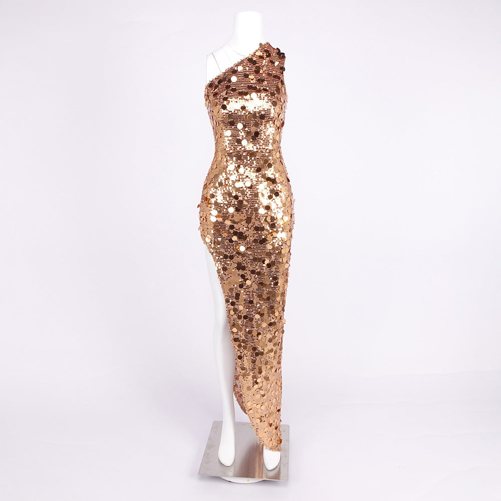 Heavy Industry Golden Sequined One Shoulder Party Dress