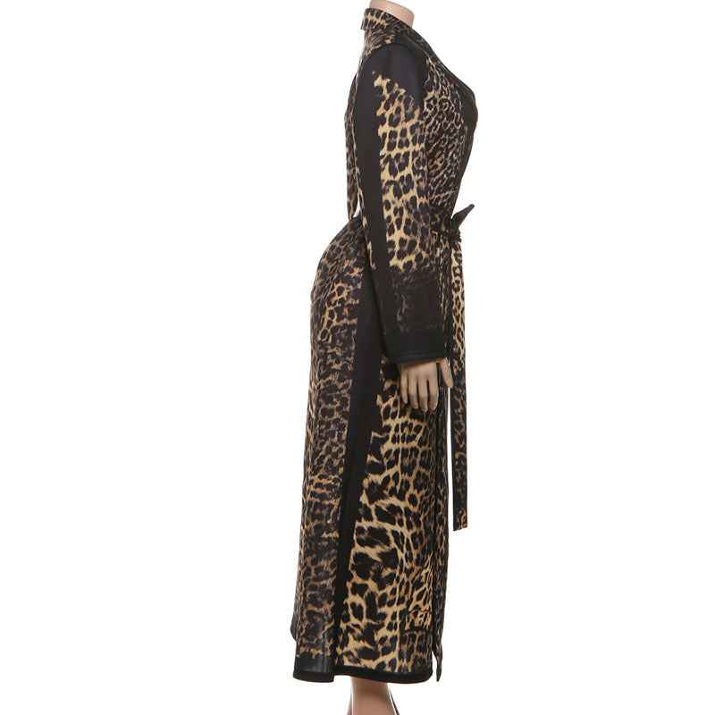 Leopard Pattern print Casual Bandage Trench Jacket
