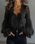 Women's Lace Stitching Puff Sleeve Pleated Blouse