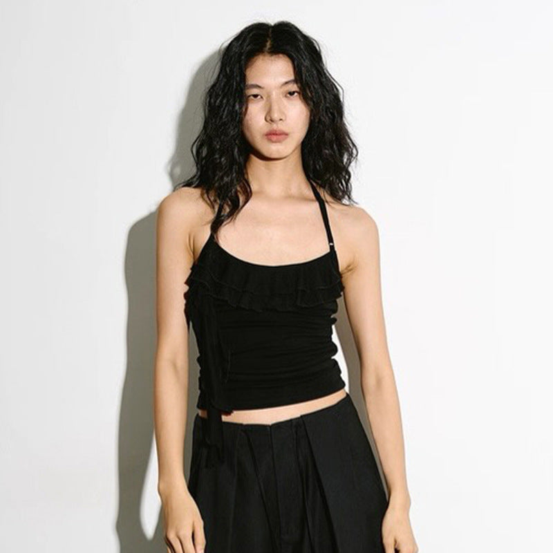 Spring Solid Color Ruffles Tank T-shirt