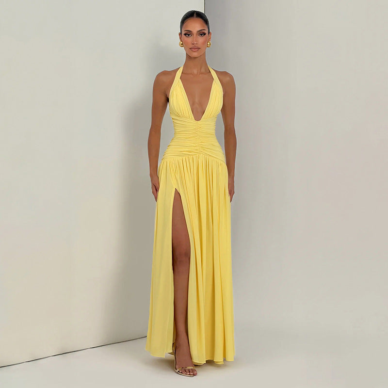 Summer Slit Dress for Women Solid Color Boho Casual