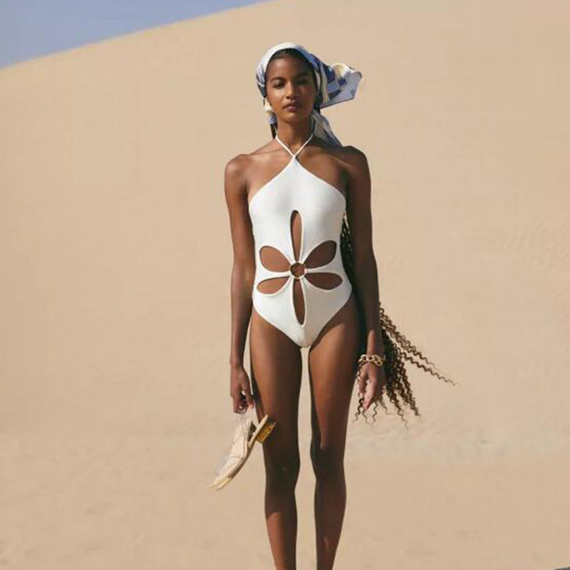 Solid Color Sexy Cutout Halter Backless One Piece Women Bikini Swimsuit