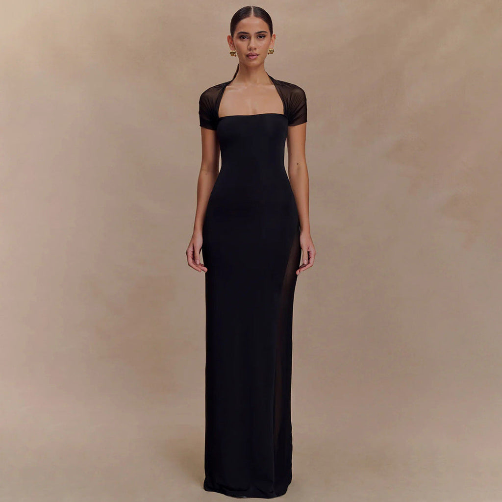 Summer Sexy Tight Waist See through Maxi Dress Elegant Shoulder Baring Solid Color Dress Women Clothing