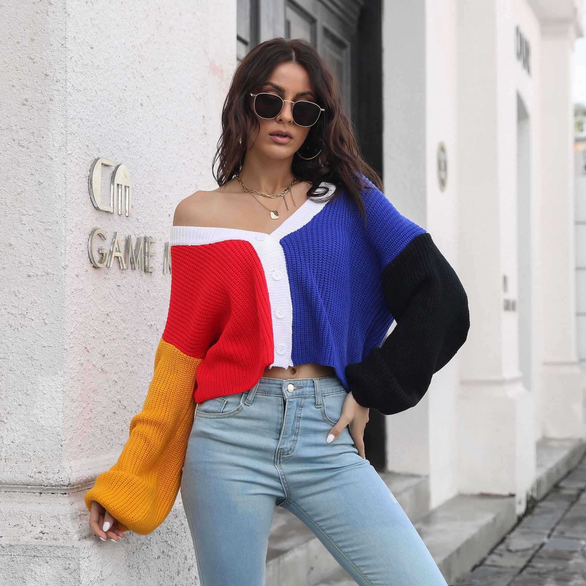Knitted Cardigan Contrast Color Sweater
