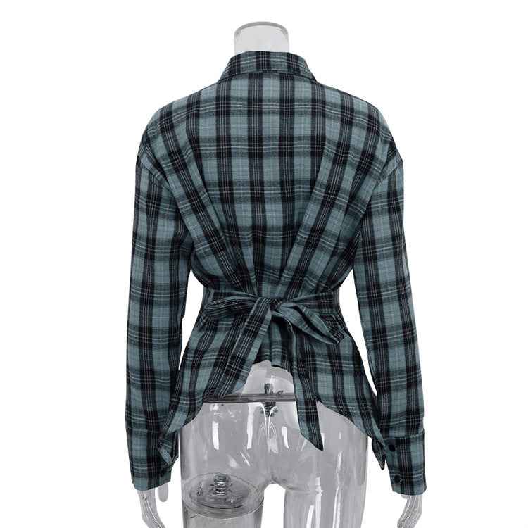 Retro Plaid Collared Long Sleeve Irregular Asymmetric Hem Cinched Blouse