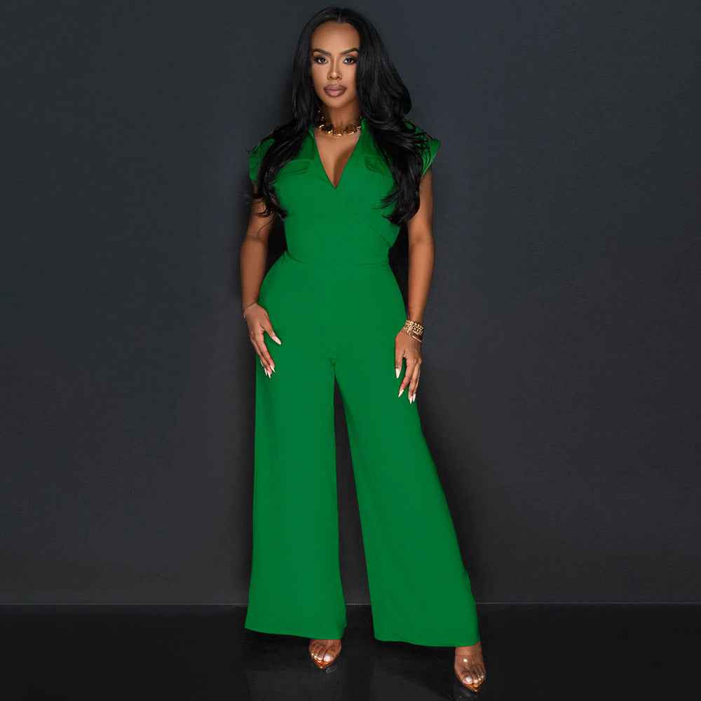 Women Solid Color Sleeveless V neck Wide Leg Jumpsuit