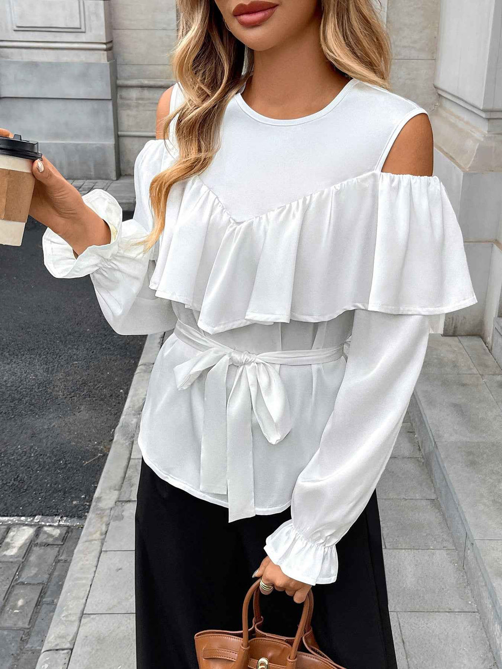 Elegant Long Sleeved Ruffled Off the Shoulder Lace Blouse