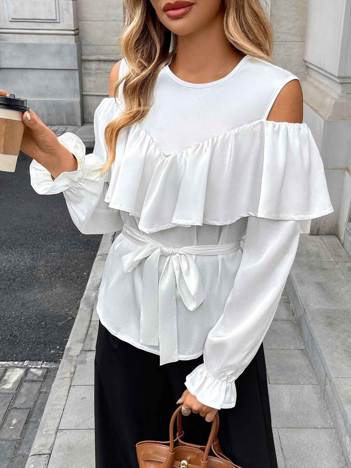 Elegant Long Sleeved Ruffled Off the Shoulder Lace Blouse