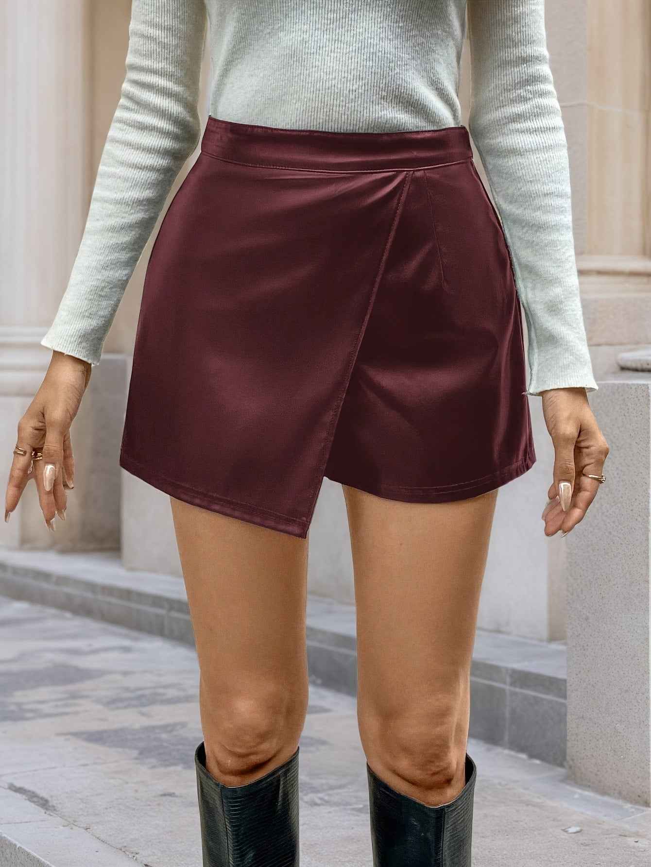 Casual High Waist Irregular Asymmetric Faux Leather Bottoms Skort