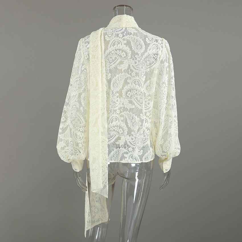 French Ribbon See through Cutout Blouse