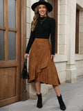 Suede Ruffled Brown Skirt High Waist Irregular Asymmetric Mid Length Sheath