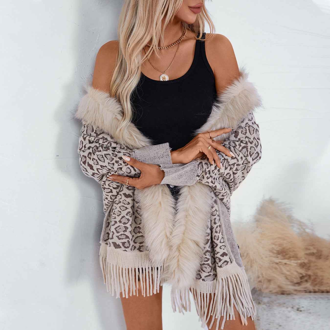 Leopard Print Fur Collar Loose Batwing Sleeve Sweater Cape Cardigan Women (one size fits all)