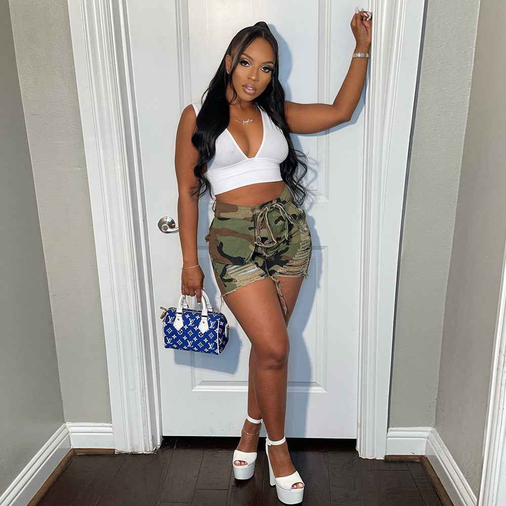 High Waist Camouflage Washed Tassel Bottoms for Women