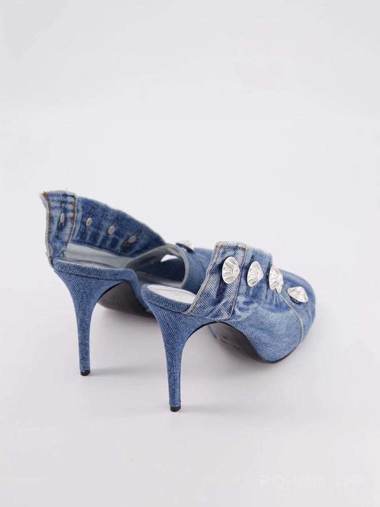 Women's Stiletto Heel Square Toe Denim Metal Rivets