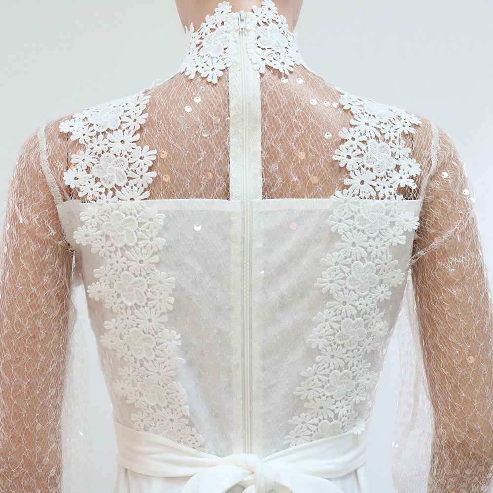 Party Turtleneck Sequin Lace Sheer Long Sleeve Top Loose Jumpsuit Women