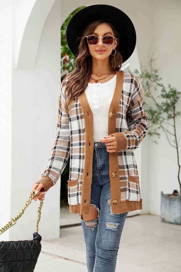Plaid Sweater Knitted Cardigan